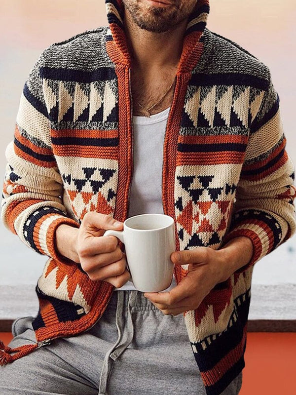Langarm-Strickpullover mit Reverskragen und Jacquard-Muster