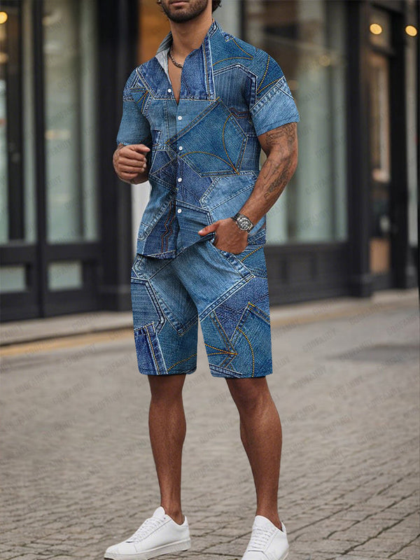 Modisches Denim Optik Print Zweiteiler Set