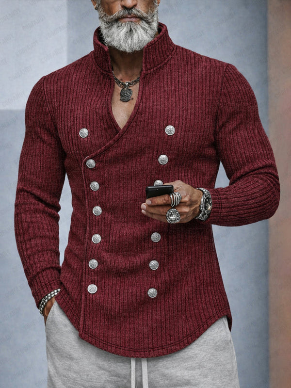 Zweireihige Strickjacke mit Stehkragen & V-Ausschnitt