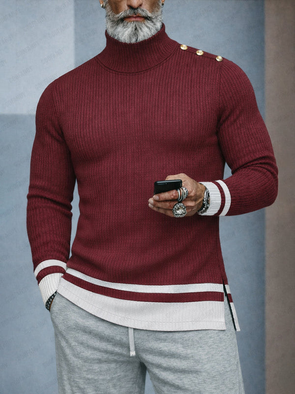 Designer-Rollkragen-Top mit Kontrast-Details & Zierknöpfen