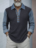 Lässiges Kontrast-Strickhemd mit Denim-Patchwork
