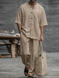 Minimalistisches Baumwoll Set Kurzarmhemd mit Knotenknöpfen und Hose Khaki