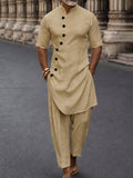 Premium-Baumwoll-Set aus Longline-Oberteil mit diagonaler Knopfleiste und Hose