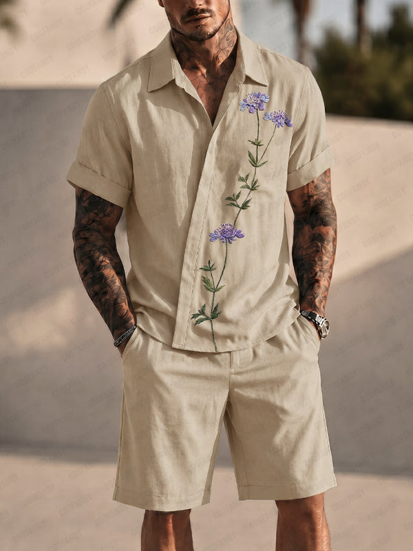 Resort-Casual Hemd- und Shorts-Set mit Stickerei