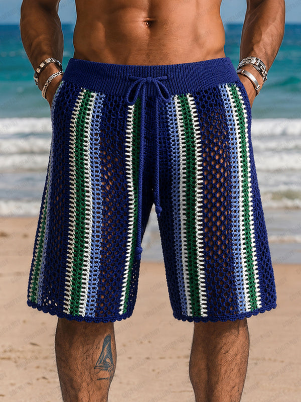 Resort-Strick-Shorts mit Kontraststreifen und Zopfmuster
