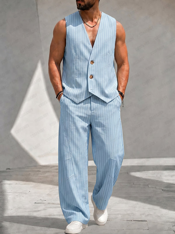 Herren Gestreifter Weste Zweiteiler Set Casual