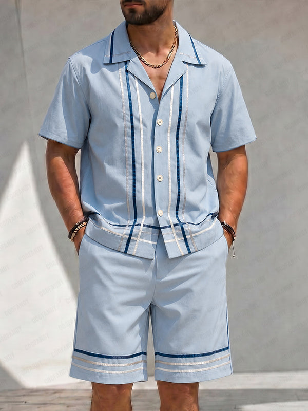 Herren Zweiteiler Set Satin-Webband Streifen Oversized Resort Wear
