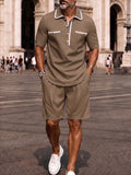 Elegantes Kontrast-Paspel Poloshirt & Shorts Set-Khaki