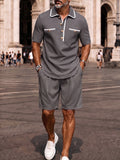 Elegantes Kontrast-Paspel Poloshirt & Shorts Set-Hellgrau