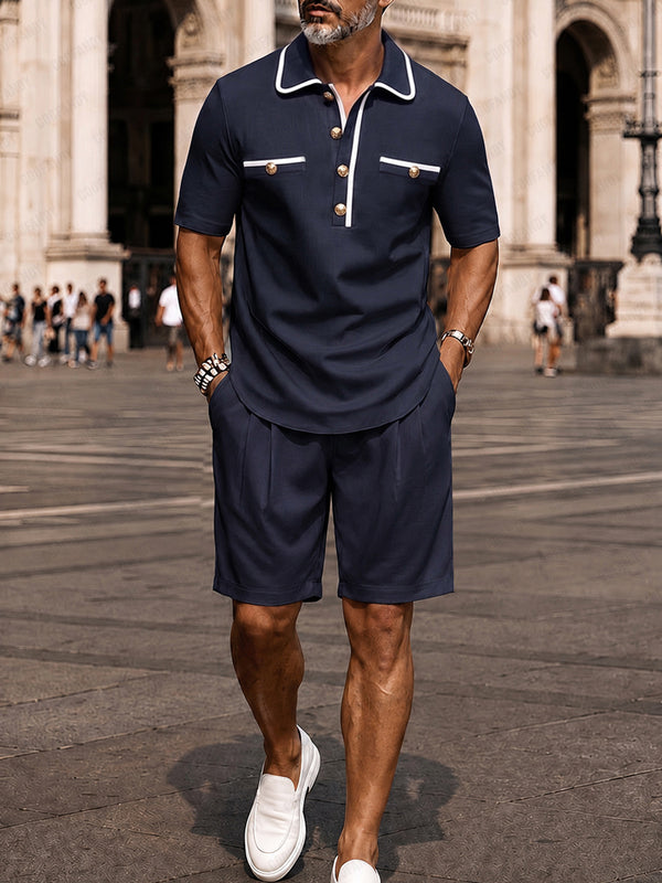 Elegantes Kontrast-Paspel Poloshirt & Shorts Set