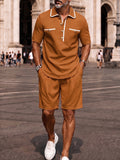 Elegantes Kontrast-Paspel Poloshirt & Shorts Set