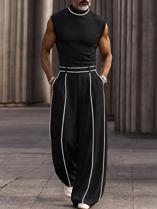 Modisches Kontrast-Streifen Mock-Neck Matching Set-Schwarz