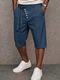 Casual Suit Shorts mit Bindegürtel und Schrägknopfleiste-Blau