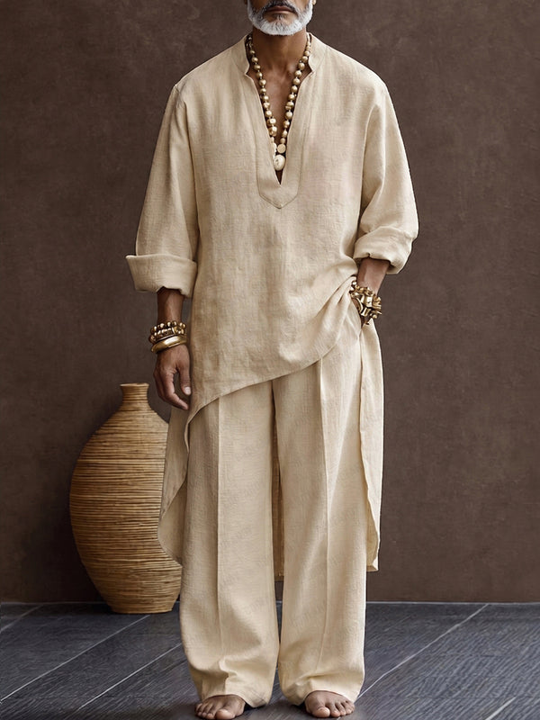 Zen-inspiriertes 100% Baumwolle High-Low Saum Longline Top & Hosen Set