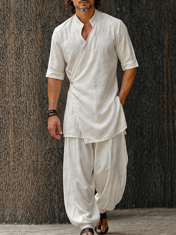 Minimalistisches Baumwolle Longline Wickelhemd & Hosen Set
