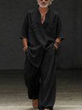 Casual Lockeres 100% Baumwolle V-Ausschnitt Oberteil Hose Set