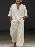 Casual Lockeres 100% Baumwolle V-Ausschnitt Oberteil Hose Set
