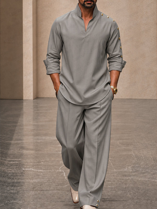 Modernes Herren Set Stehkragen Hemd mit Knopf Details und Hose