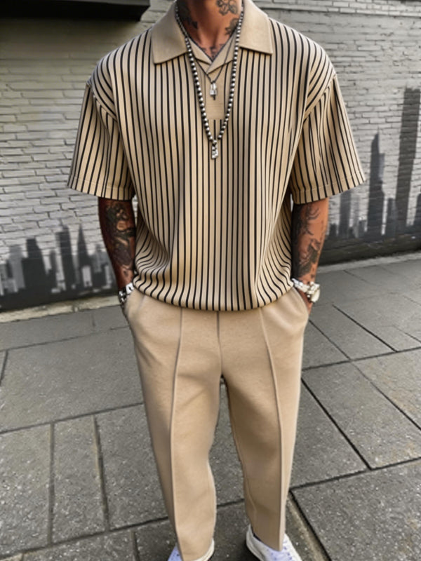 Zweiteiler Set Poloshirt mit Längsstreifen und Hose