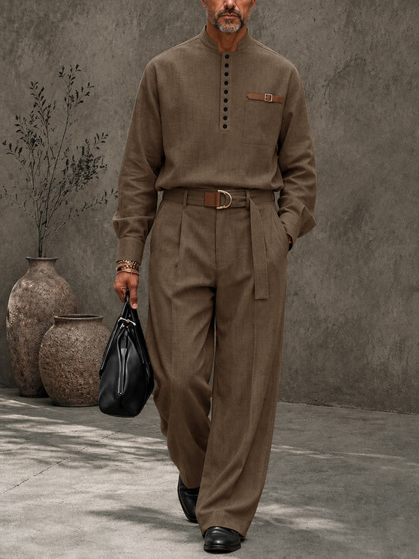 Modernes Retro-Anzug-Set mit Half-Button-Shirt und Hose