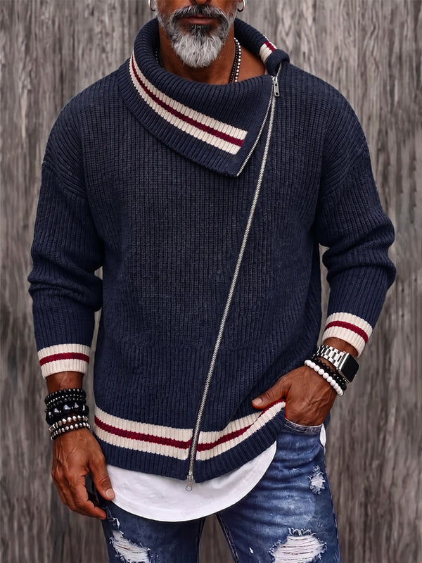 Casual Diagonaler Reißverschluss Colorblocking Strickpullover