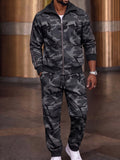 COOFANDY Herren Zweiteiler Set in Grau mit Camouflage-Print, Reißverschluss-Jacke und Jogginghose, Frontansicht