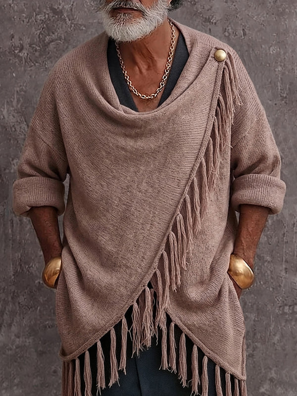 Asymmetrischer Strick-Poncho Cardigan mit Fransen