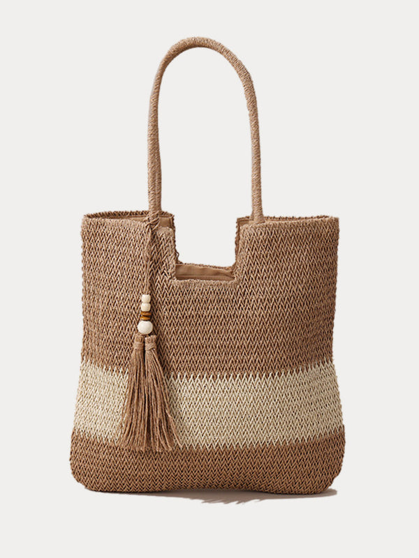 Lässige Colorblock-Schultertasche für den Urlaub in Stroh-Optik