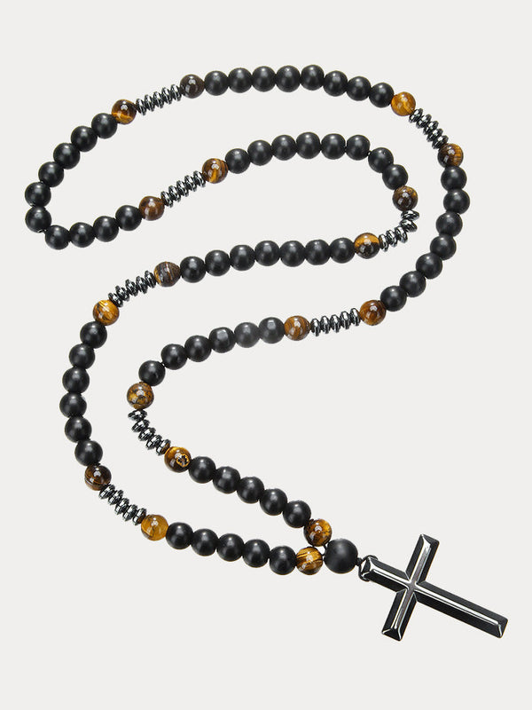 Vintage Kreuz-Anhänger Halskette mit Tigerauge-Perlen