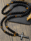 Vintage Kreuz-Anhänger Halskette mit Tigerauge-Perlen