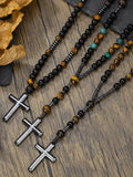 Vintage Kreuz-Anhänger Halskette mit Tigerauge-Perlen