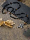 Vintage Kreuz-Anhänger Halskette mit Tigerauge-Perlen