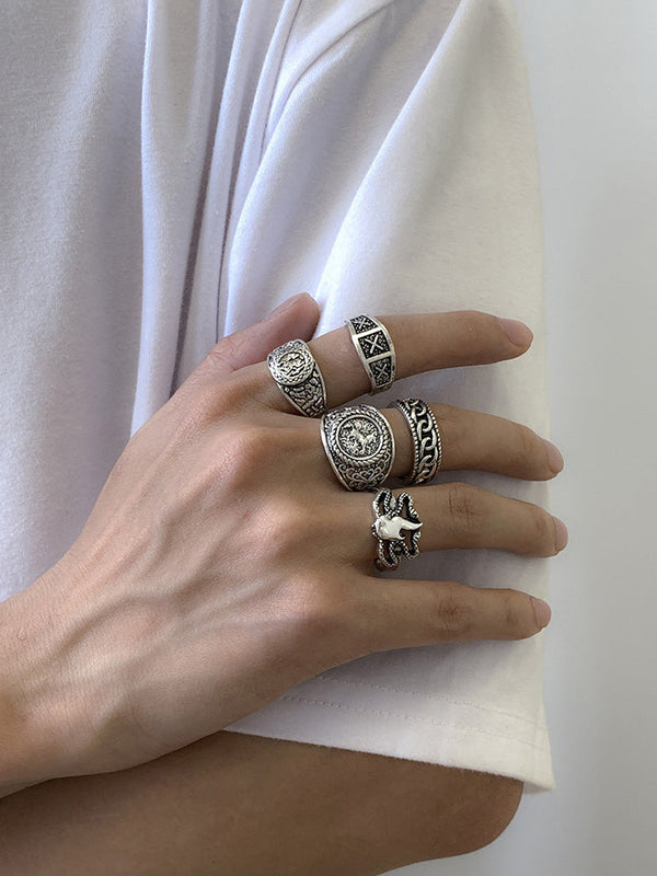 5-teiliges Ring-Set im Retro-Totem-Design