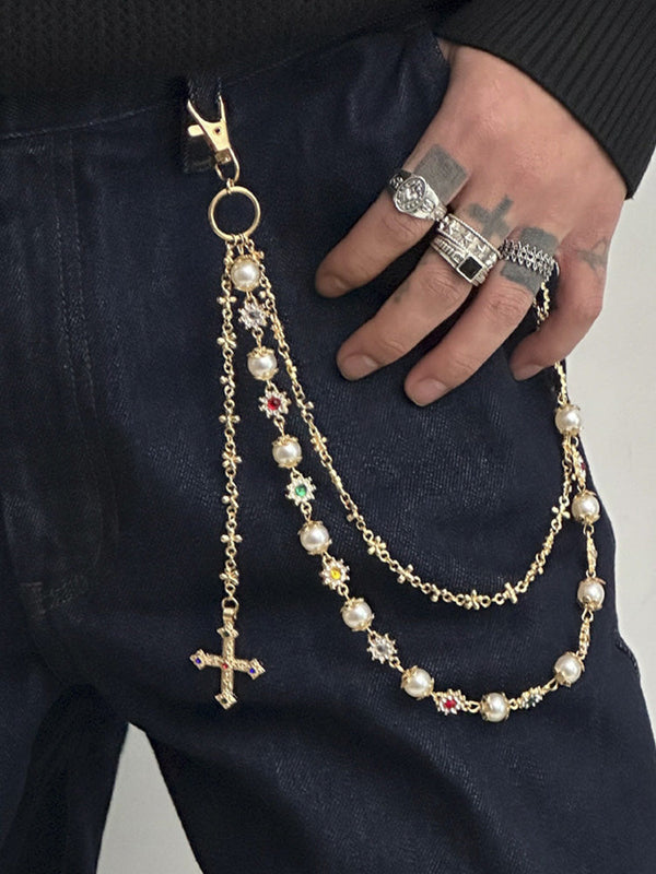 Streetwear Punk Strass-Kreuzanhänger-Hosenkette
