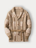 Bequemer Karo-Strick-Cardigan mit Gürtel