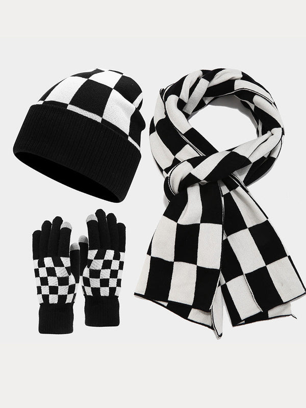 Gemütliches Kariertes Mütze Schal Handschuhe 3-in-1-Set