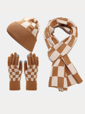 Gemütliches Kariertes Mütze Schal Handschuhe 3-in-1-Set