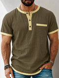 Herren Kontrast-Trim Henley Kurzarm Baumwoll-Leinen Hemd