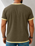 Herren Kontrast-Trim Henley Kurzarm Baumwoll-Leinen Hemd