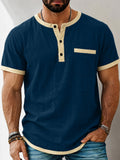 Herren Kontrast-Trim Henley Kurzarm Baumwoll-Leinen Hemd