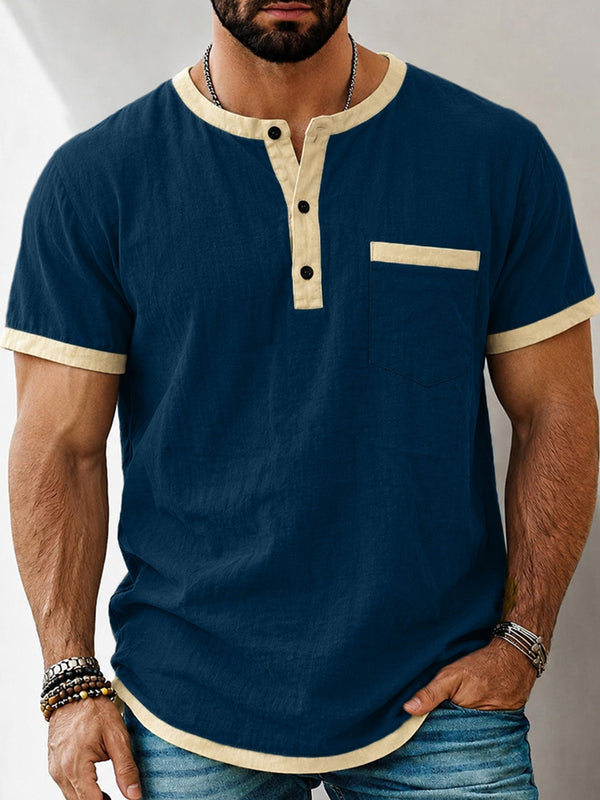 Herren Kontrast-Trim Henley Kurzarm Baumwoll-Leinen Hemd