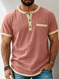 Herren Kontrast-Trim Henley Kurzarm Baumwoll-Leinen Hemd