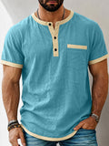 Herren Kontrast-Trim Henley Kurzarm Baumwoll-Leinen Hemd