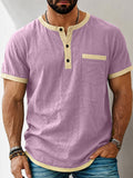 Herren Kontrast-Trim Henley Kurzarm Baumwoll-Leinen Hemd