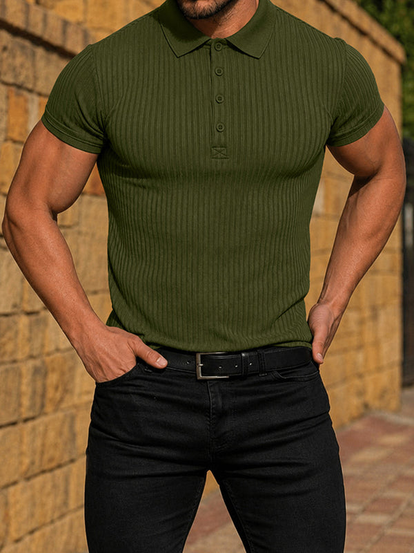Herren Slim Fit Geripptes Strick Kurzarm Polo-Shirt