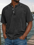 Herren Gewaschenes Denim-Look Henley Raglan Kurzarm Tee