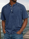 Herren Gewaschenes Denim-Look Henley Raglan Kurzarm Tee