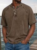 Herren Gewaschenes Denim-Look Henley Raglan Kurzarm Tee