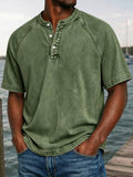 Herren Gewaschenes Denim-Look Henley Raglan Kurzarm Tee