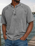 Herren Gewaschenes Denim-Look Henley Raglan Kurzarm Tee